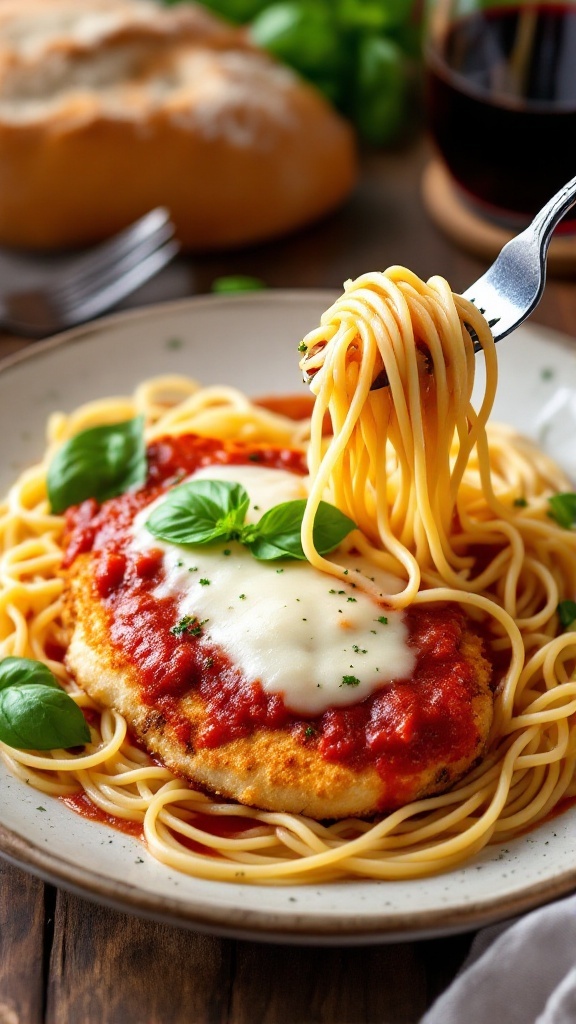 A delicious Chicken Parmigiana with marinara sauce and melted cheese, served with pasta and garnished with basil.